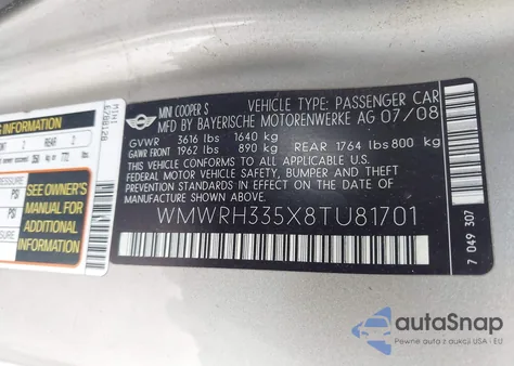 2008 Mini Cooper S из США, поврежденный, VIN WMWRH335X8TU81701